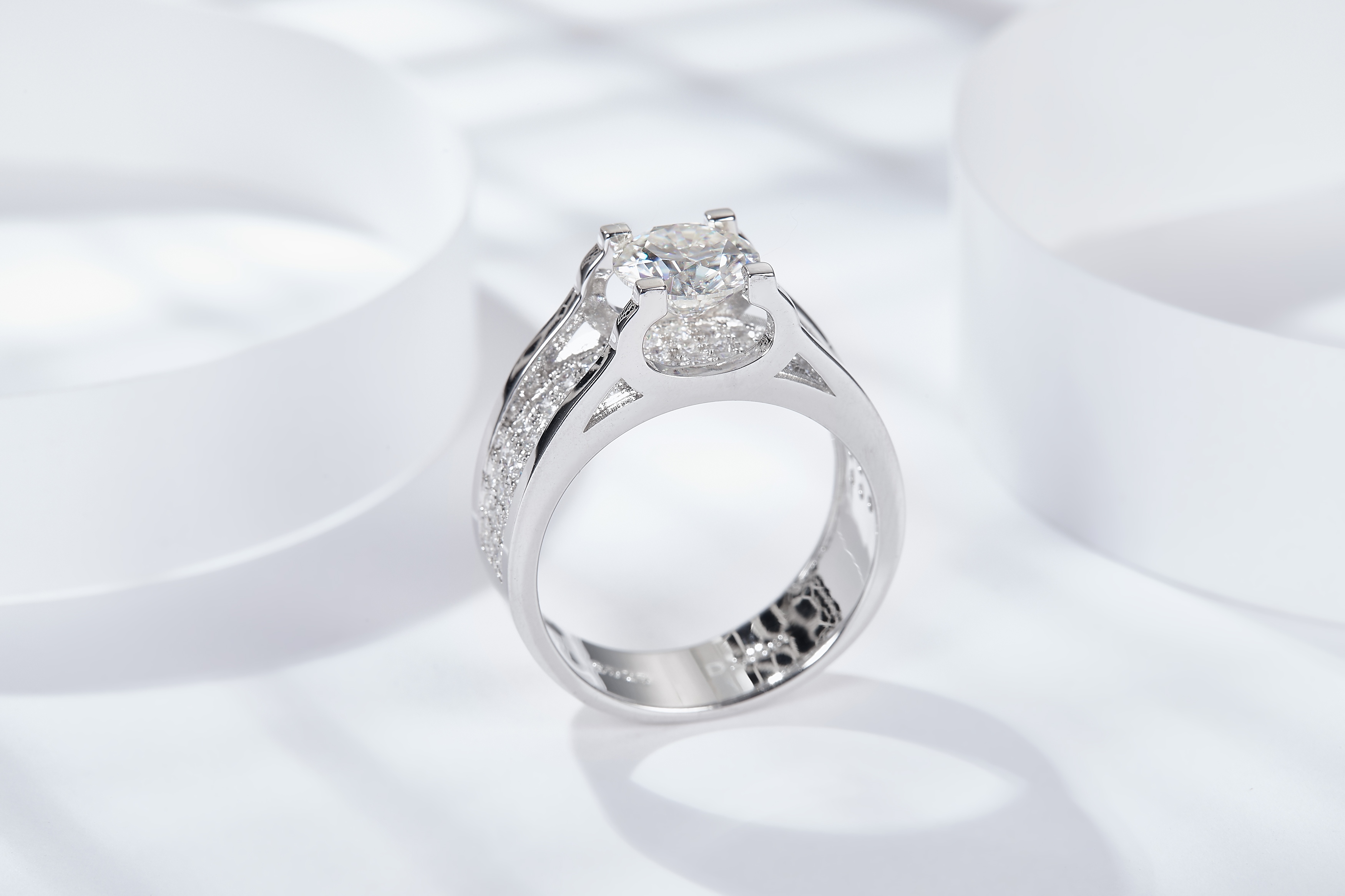 Sterling Silver Wide Band Moissanite Ring, 1&2ct D-VVS1 Split Shank Pave Design, Platinum