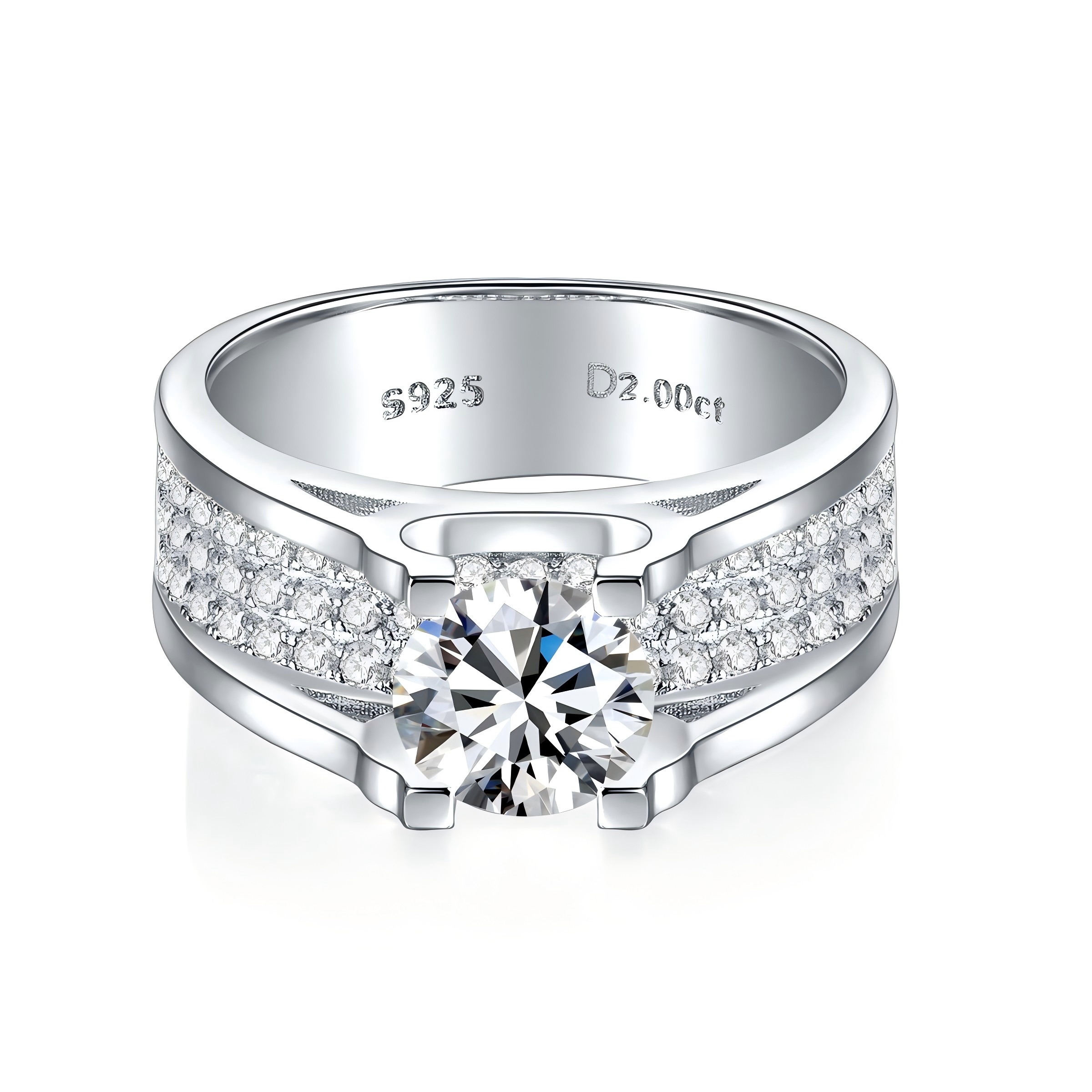 Sterling Silver Wide Band Moissanite Ring, 1&2ct D-VVS1 Split Shank Pave Design, Platinum