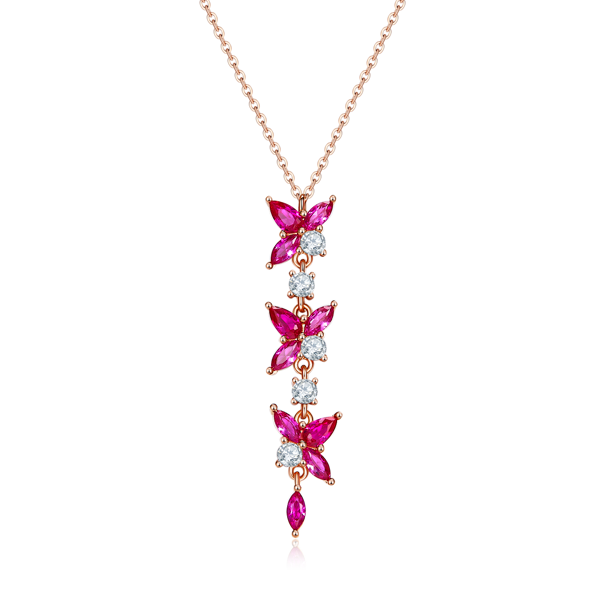 Sterling Silver Y Drop Necklace, 5x3mm Lab-Grown Ruby Flower Dangle, Platinum Plated 3.7g