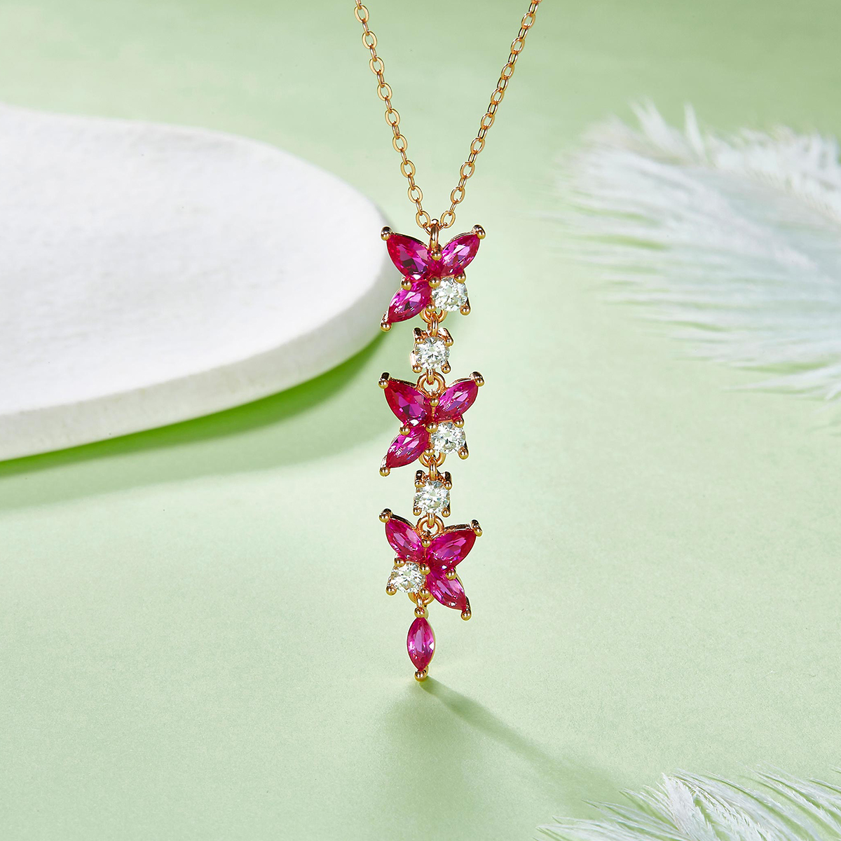 Sterling Silver Y Drop Necklace, 5x3mm Lab-Grown Ruby Flower Dangle, Platinum Plated 3.7g