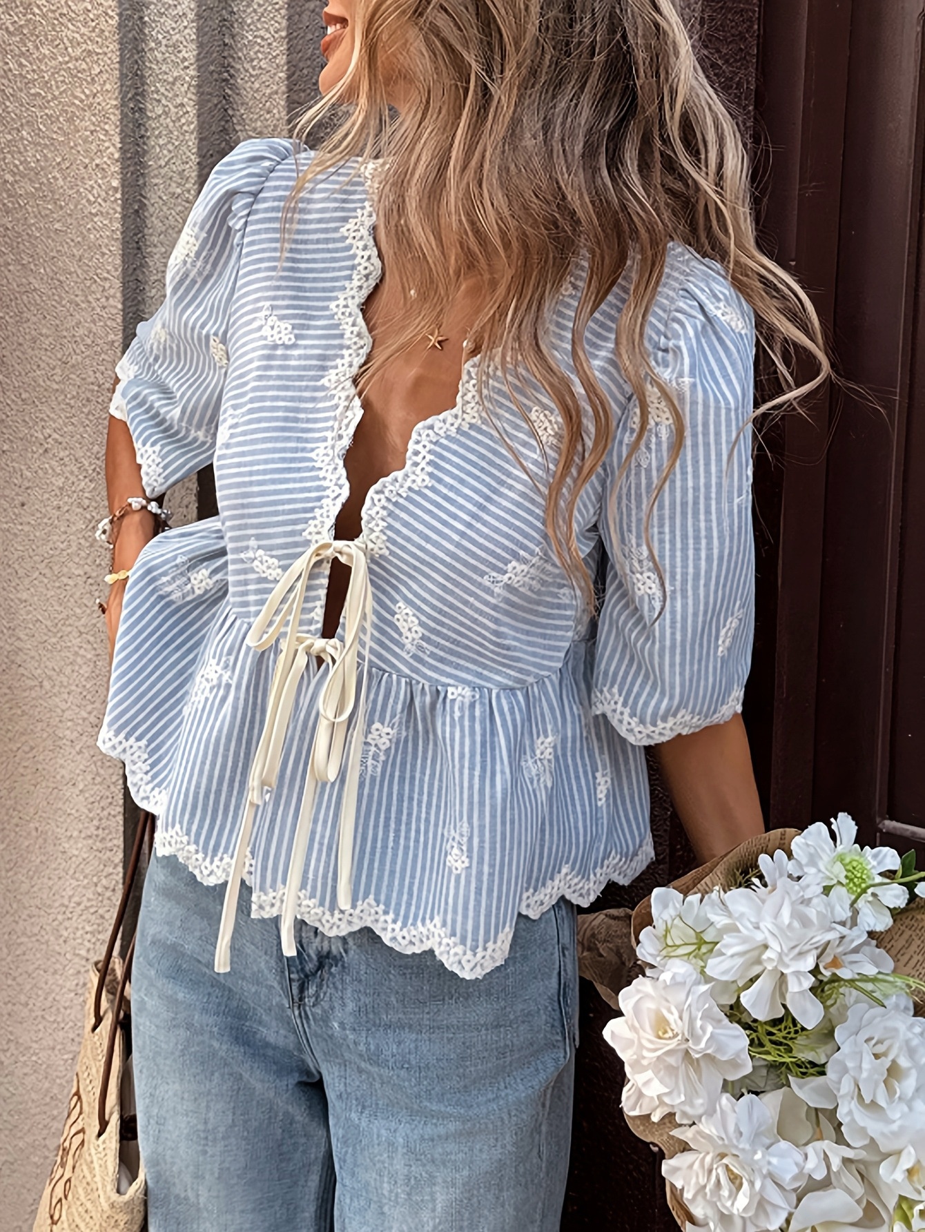 Striped Embroidered Lace-Trimmed Loose Top With Tie-Up And Wavy Hem