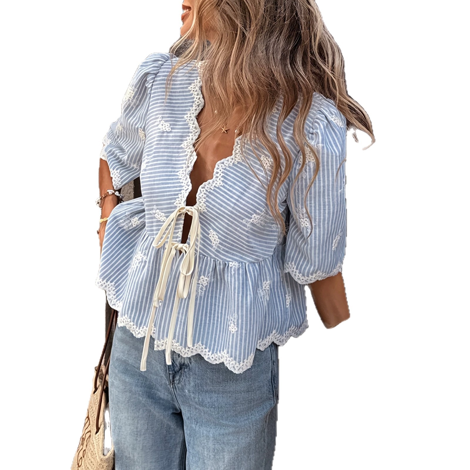 Striped Embroidered Lace-Trimmed Loose Top With Tie-Up And Wavy Hem
