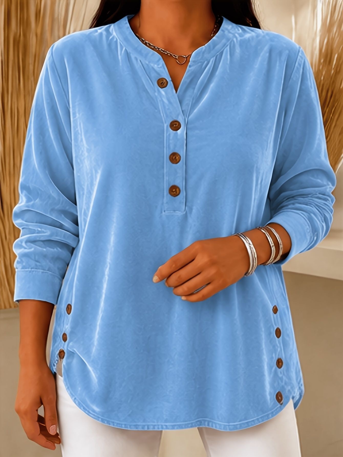 Stylish Casual Velvet Elegant Commuter Button-up T-shirt Top