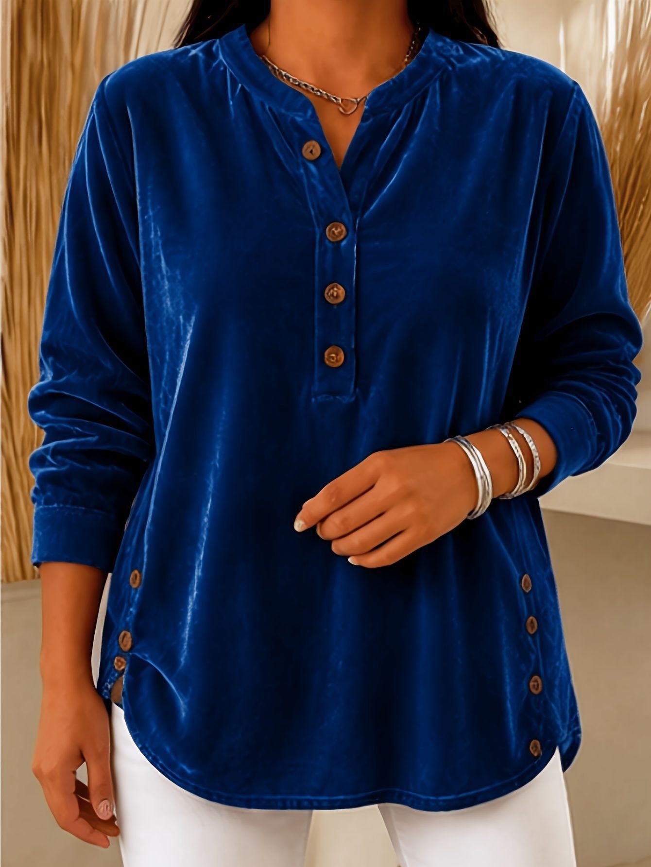 Stylish Casual Velvet Elegant Commuter Button-up T-shirt Top