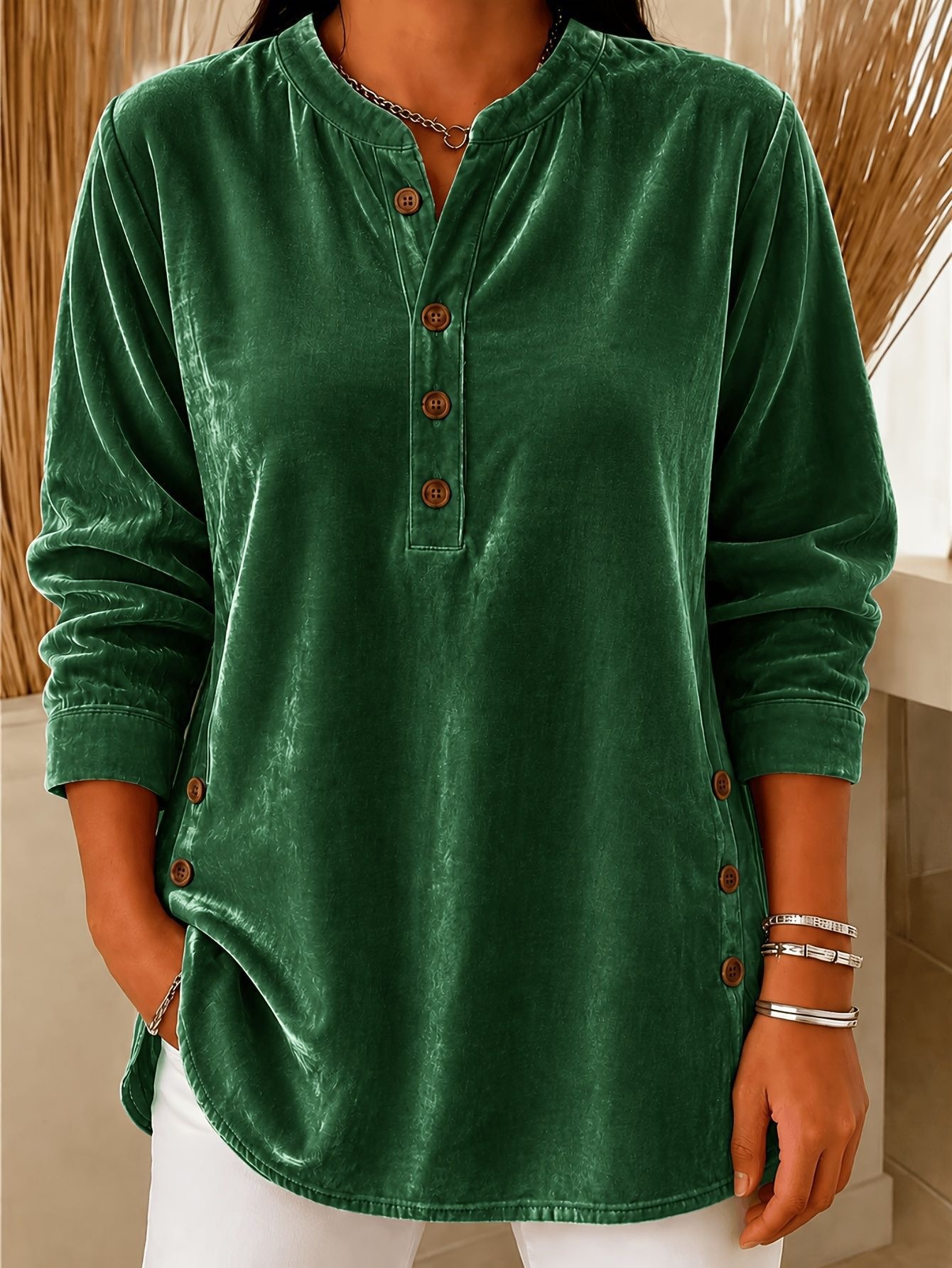 Stylish Casual Velvet Elegant Commuter Button-up T-shirt Top