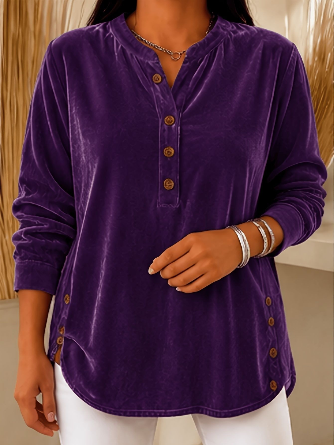 Stylish Casual Velvet Elegant Commuter Button-up T-shirt Top
