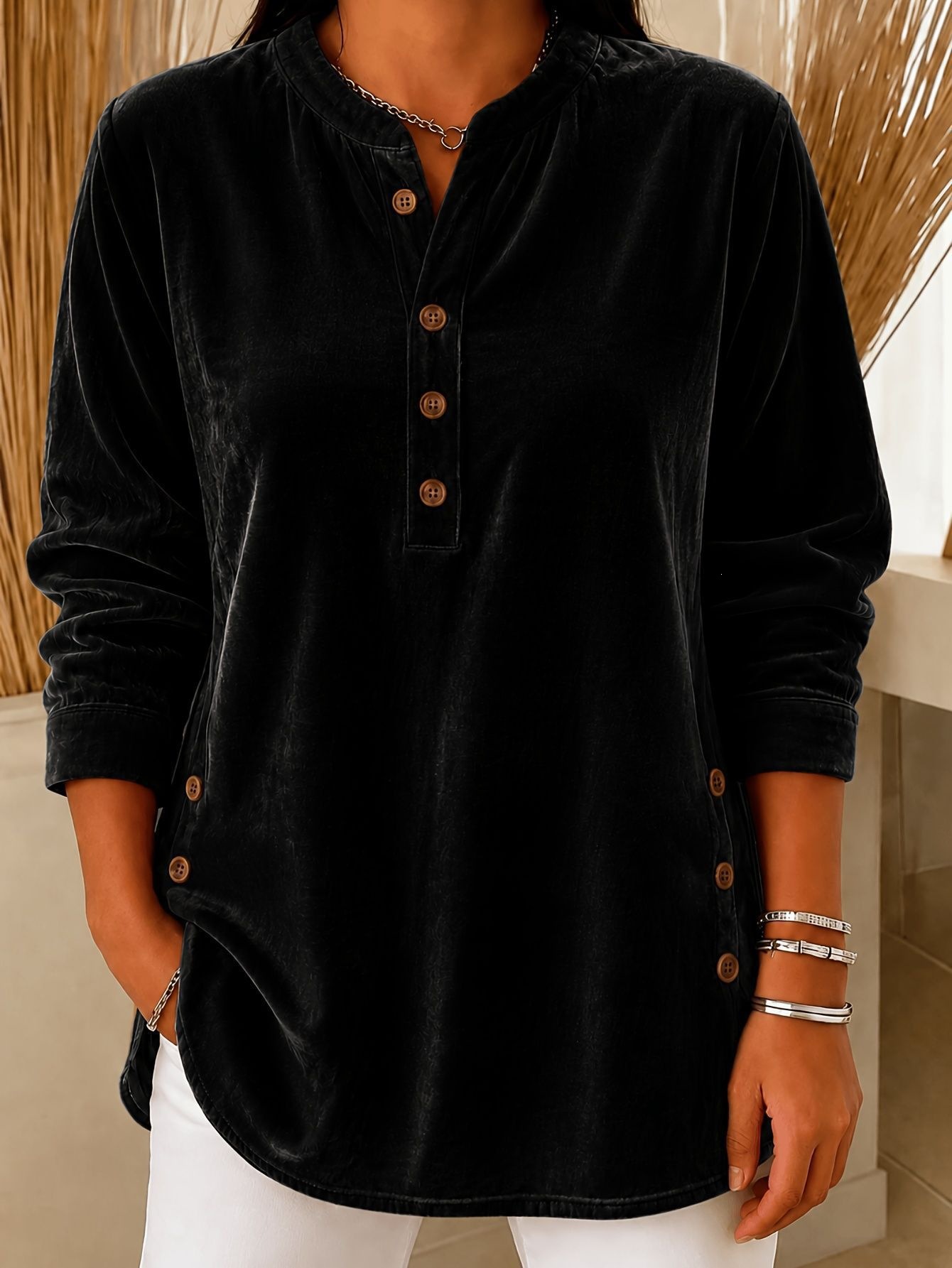 Stylish Casual Velvet Elegant Commuter Button-up T-shirt Top