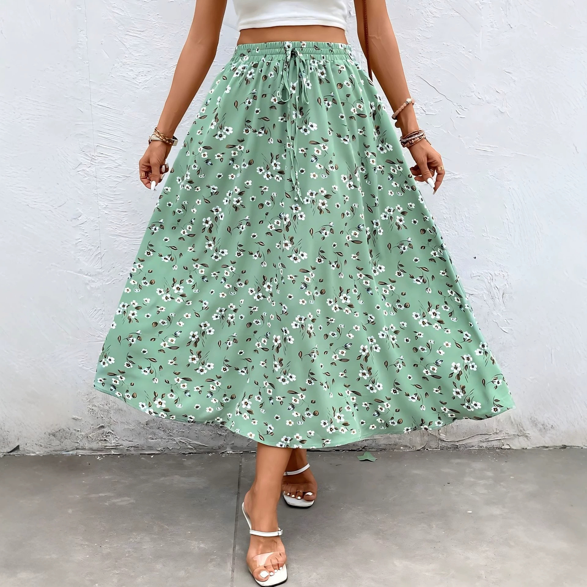 Summer Floral Mini Skirt With Drawstring Design Womens Clothing