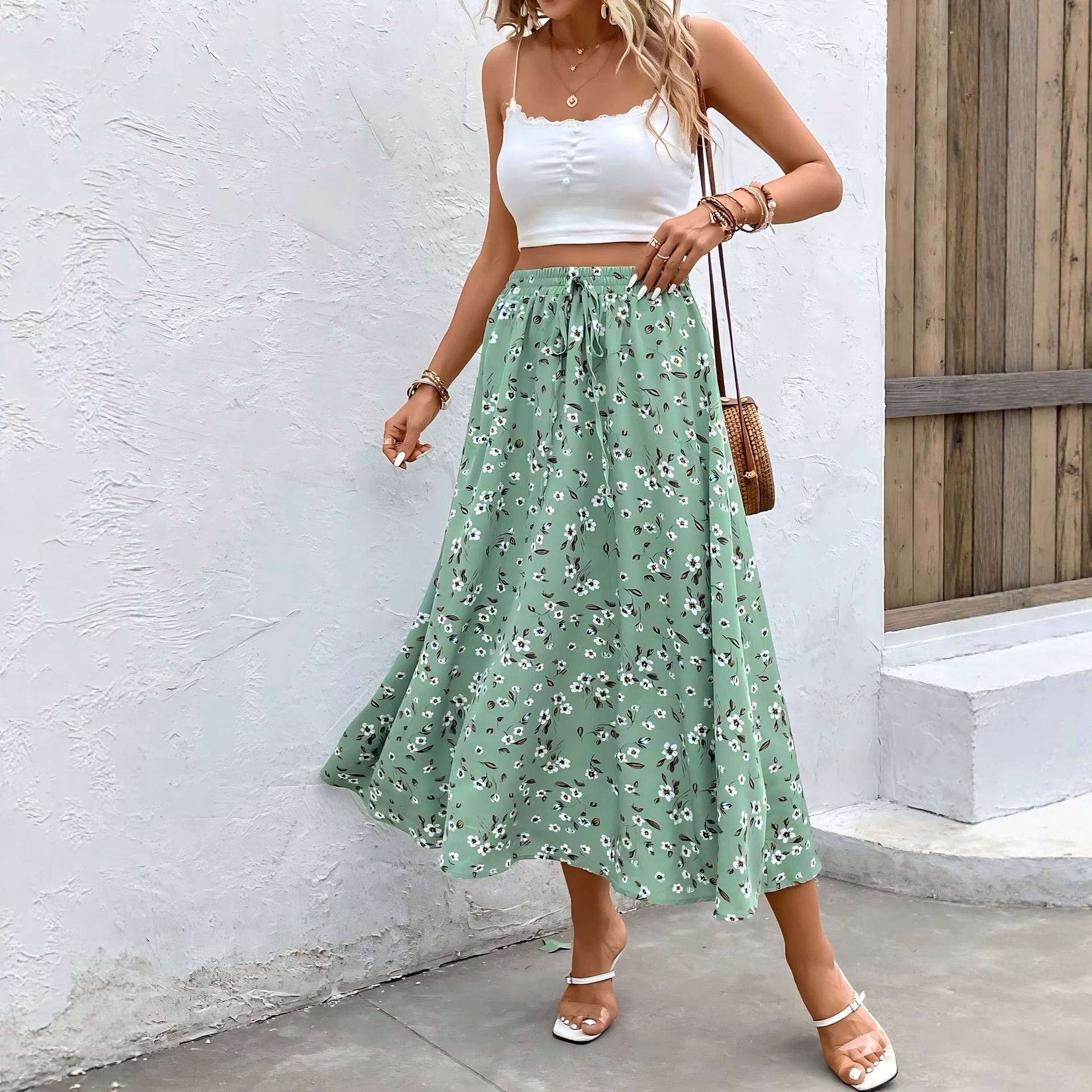 Summer Floral Mini Skirt With Drawstring Design Womens Clothing
