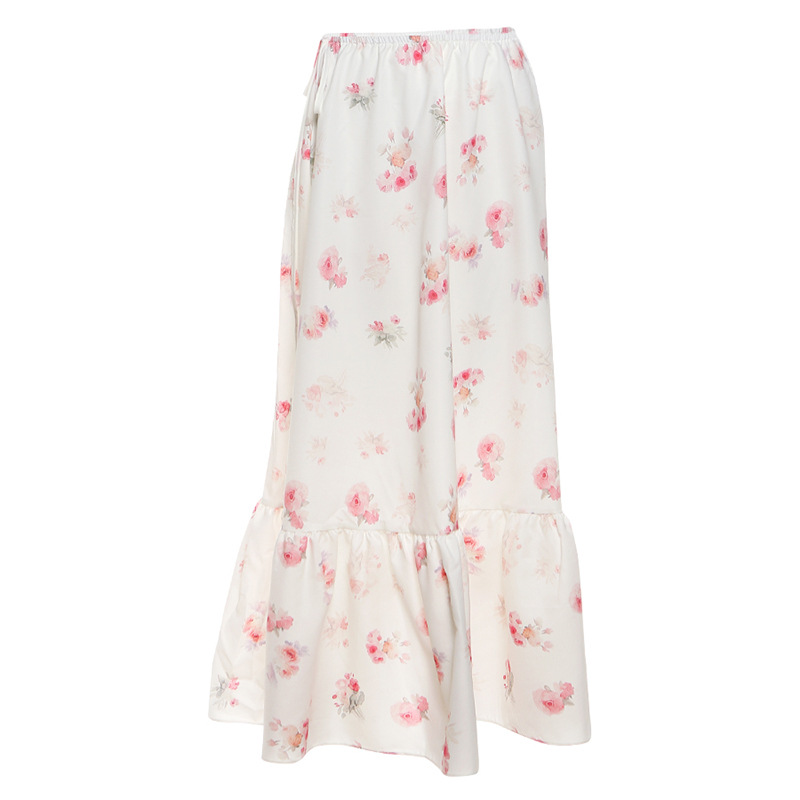 Summer New Gentle Style Floral Print Slimming Deep V-Neck Top With High-Waist Skirt Womens