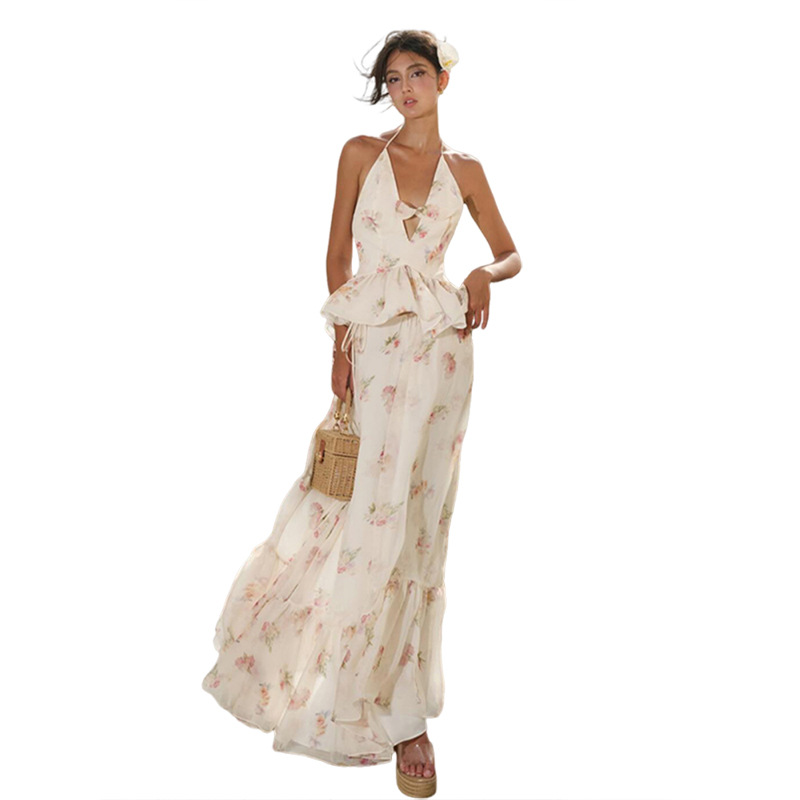 Summer New Gentle Style Floral Print Slimming Deep V-Neck Top With High-Waist Skirt Womens