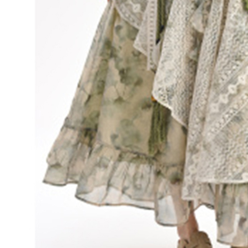 Summer New Irregular Sweet Tie-Dye Print Lace-Patchwork Skirt