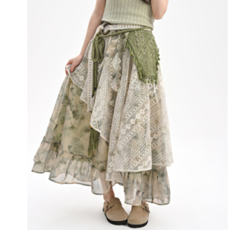 Summer New Irregular Sweet Tie-Dye Print Lace-Patchwork Skirt