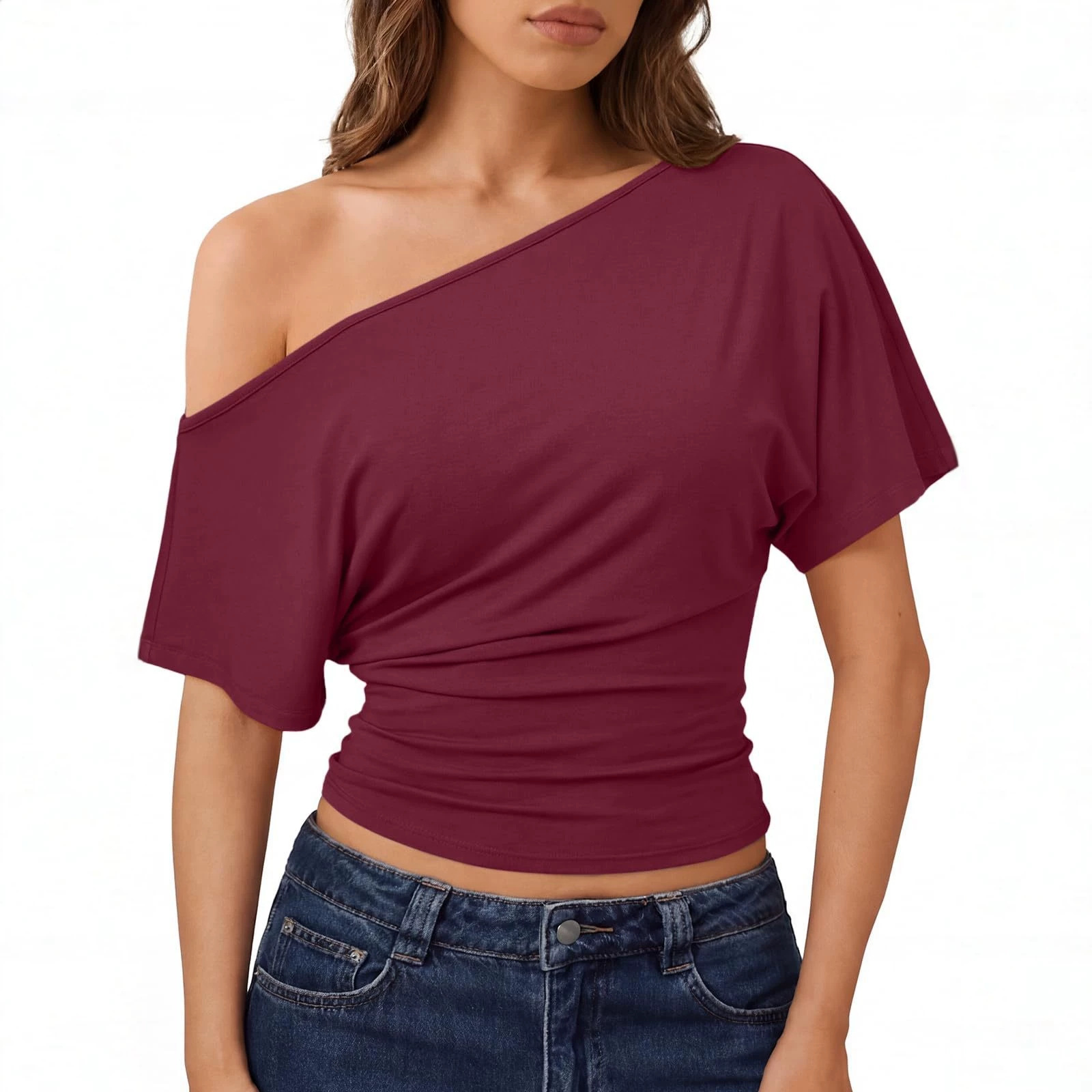 Summer Off Shoulder Solid Color Short Sleeve Womens Clothing