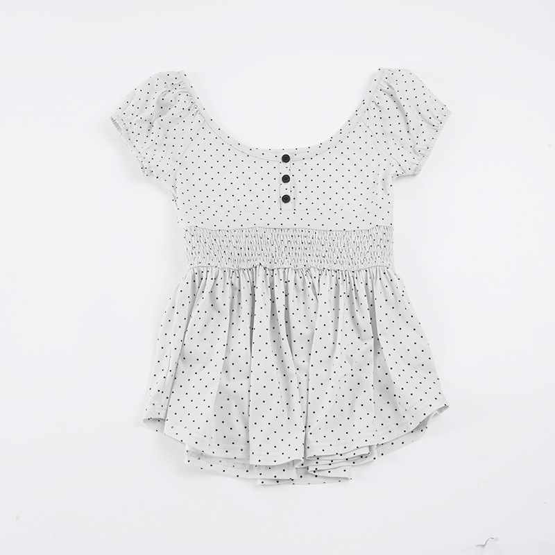 Sweet-style Pleated Polka-dot Print Waist-cinching Short Sleeves