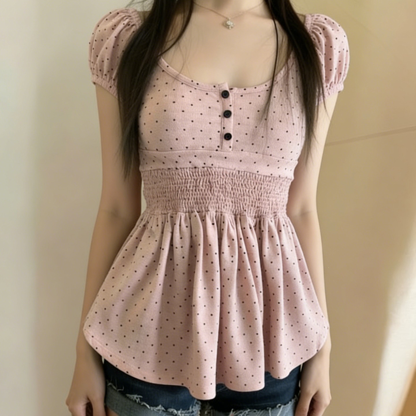 Sweet-style Pleated Polka-dot Print Waist-cinching Short Sleeves