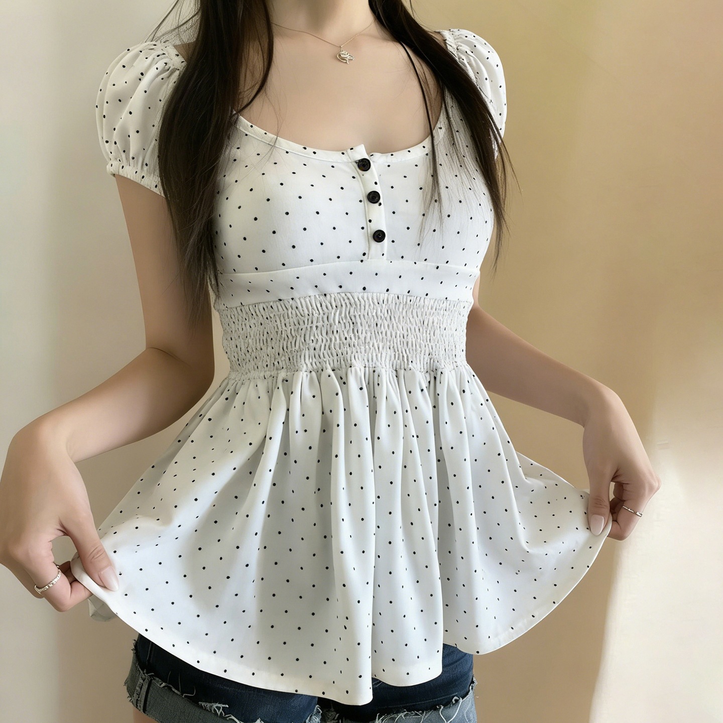 Sweet-style Pleated Polka-dot Print Waist-cinching Short Sleeves
