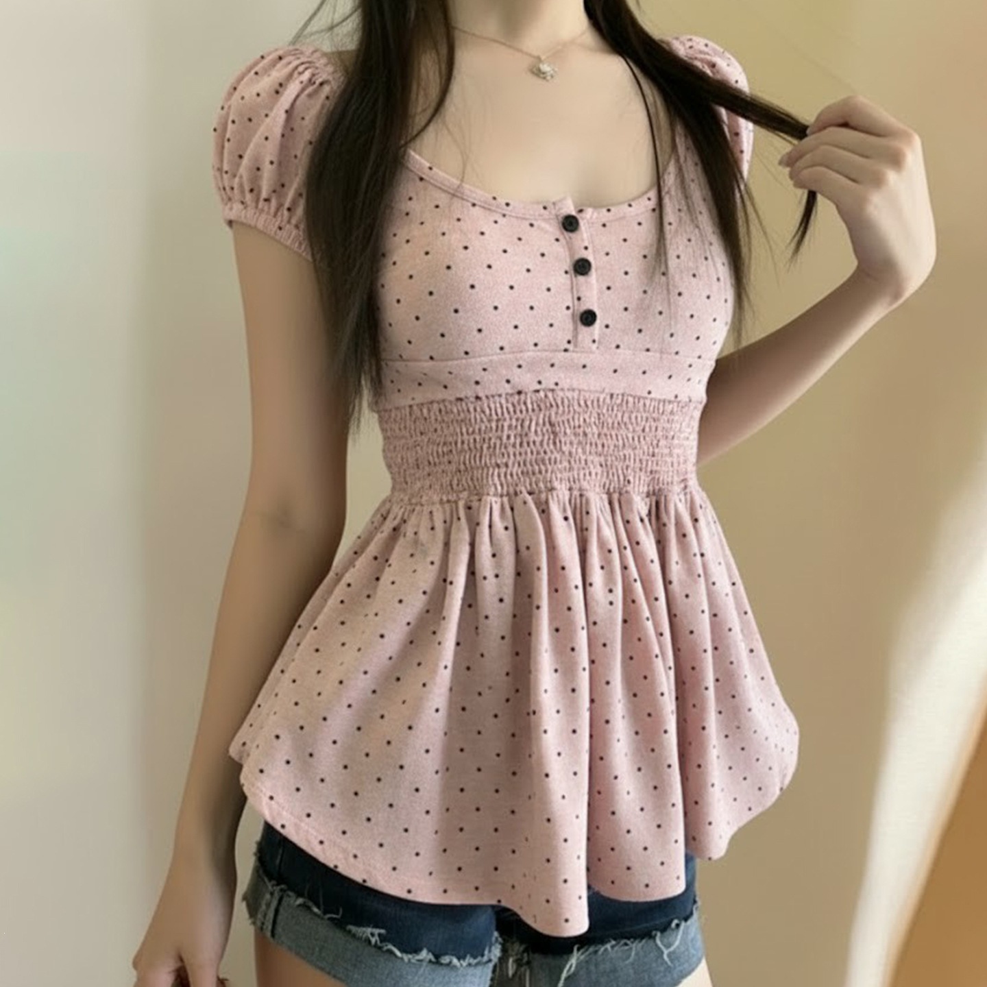 Sweet-style Pleated Polka-dot Print Waist-cinching Short Sleeves