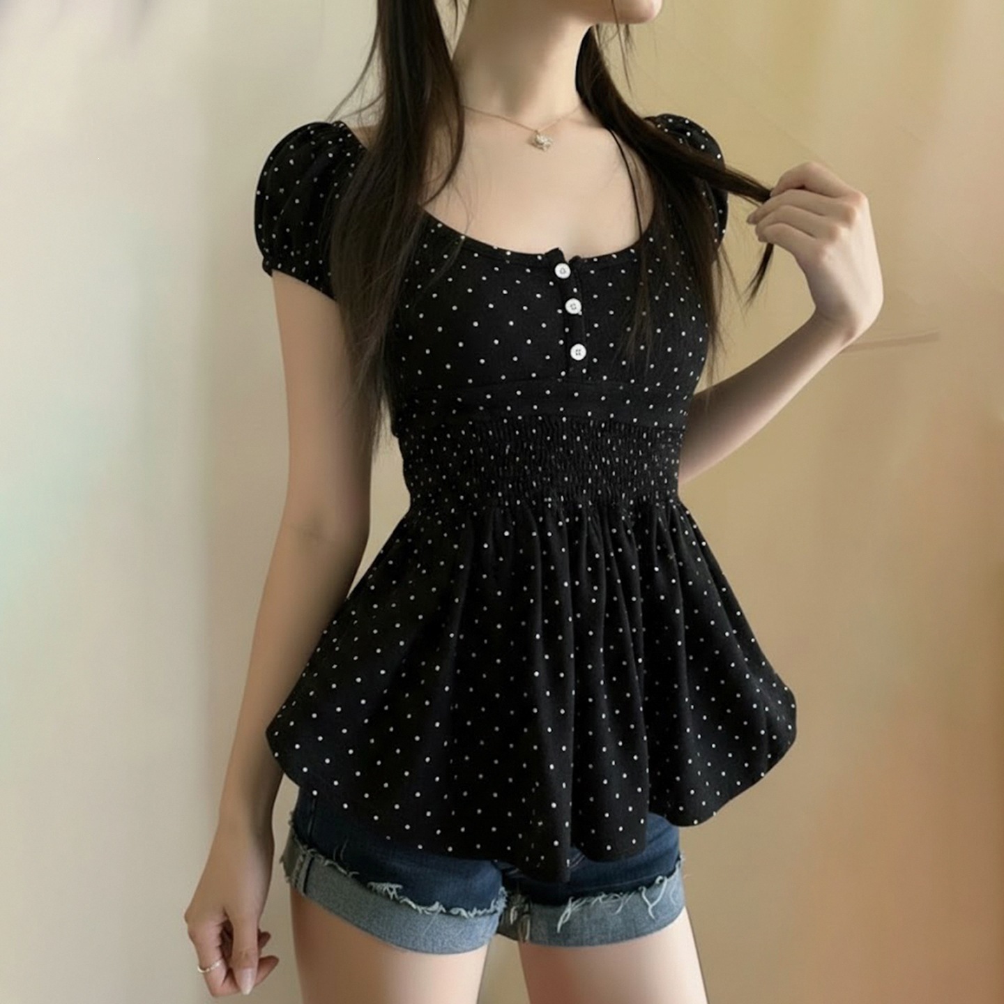 Sweet-style Pleated Polka-dot Print Waist-cinching Short Sleeves