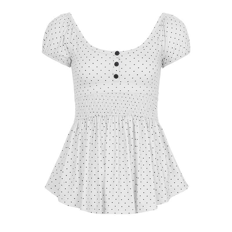 Sweet-style Pleated Polka-dot Print Waist-cinching Short Sleeves