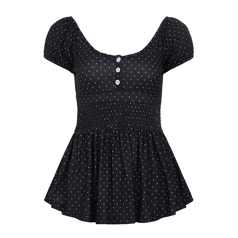 Sweet-style Pleated Polka-dot Print Waist-cinching Short Sleeves
