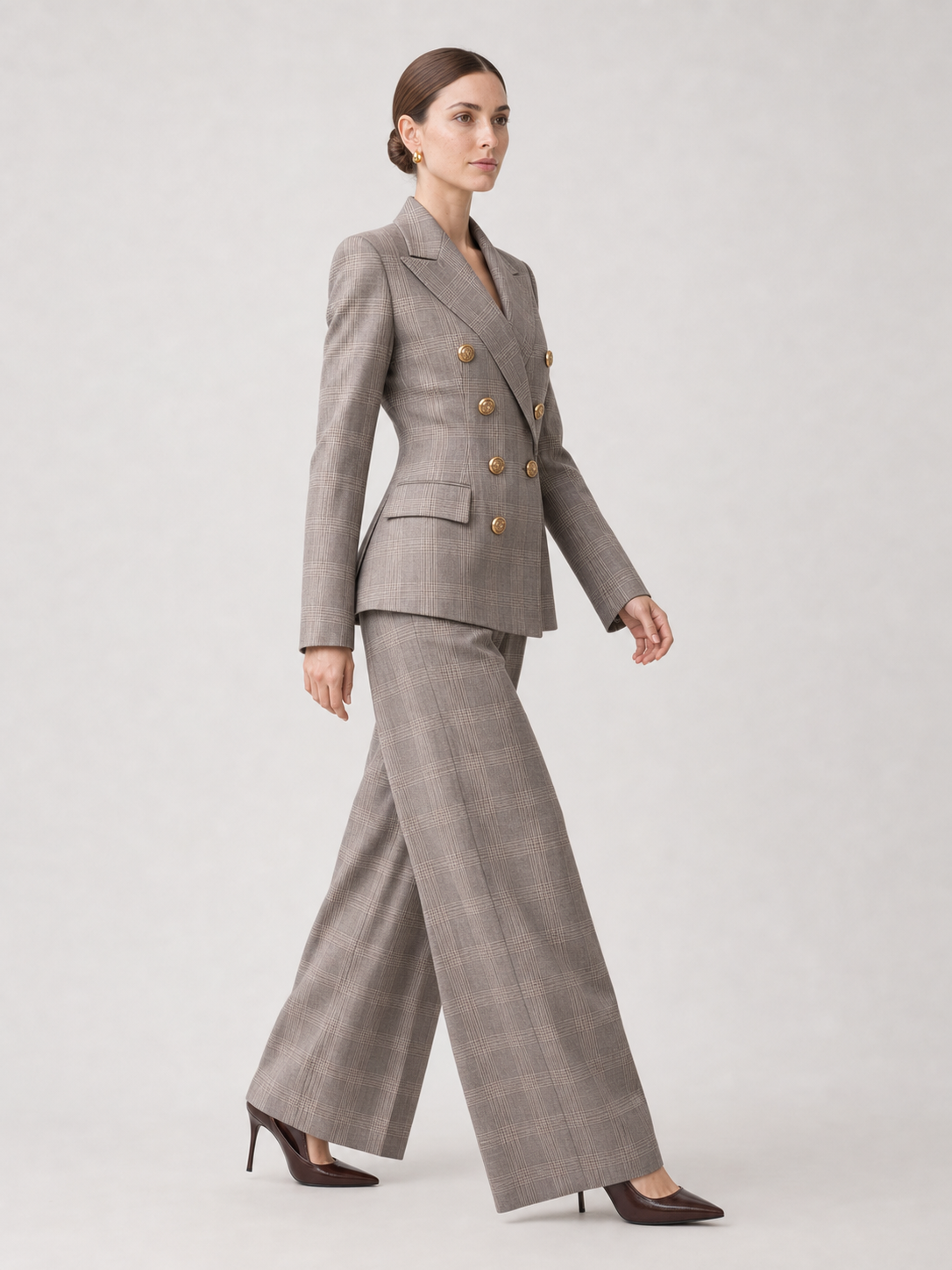 Taupe Plaid Double-Breasted Suit Two-Piece Set