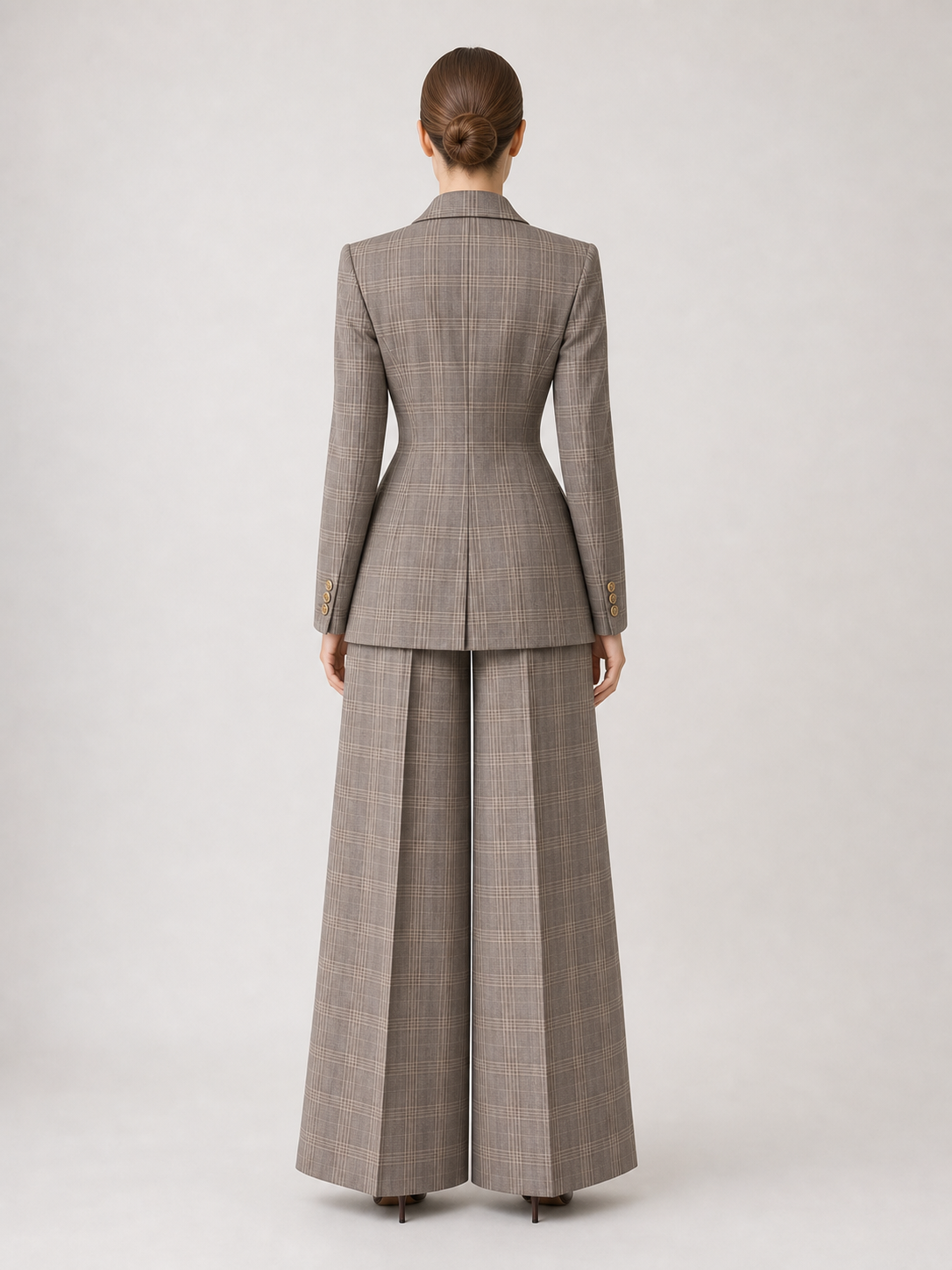 Taupe Plaid Double-Breasted Suit Two-Piece Set