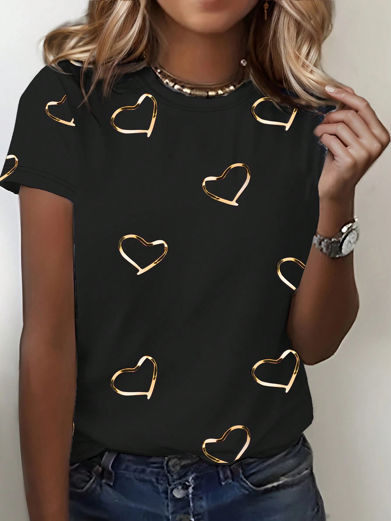Trendy Simple Elegant Heart-Print Crewneck Short-Sleeve T-Shirt