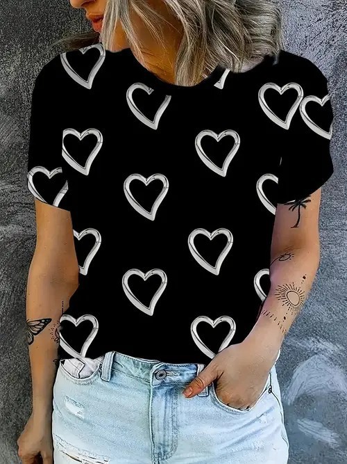 Trendy Simple Elegant Heart-Print Crewneck Short-Sleeve T-Shirt