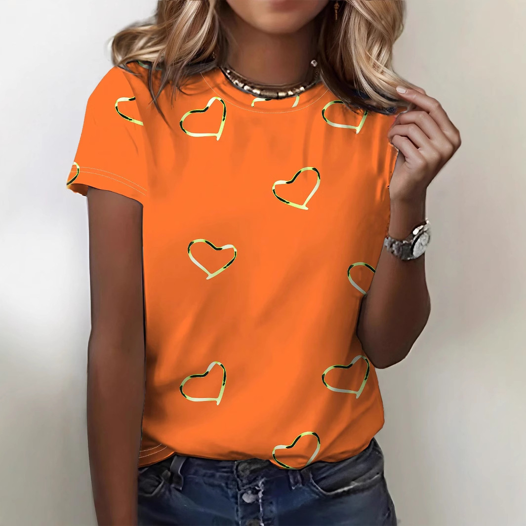 Trendy Simple Elegant Heart-Print Crewneck Short-Sleeve T-Shirt
