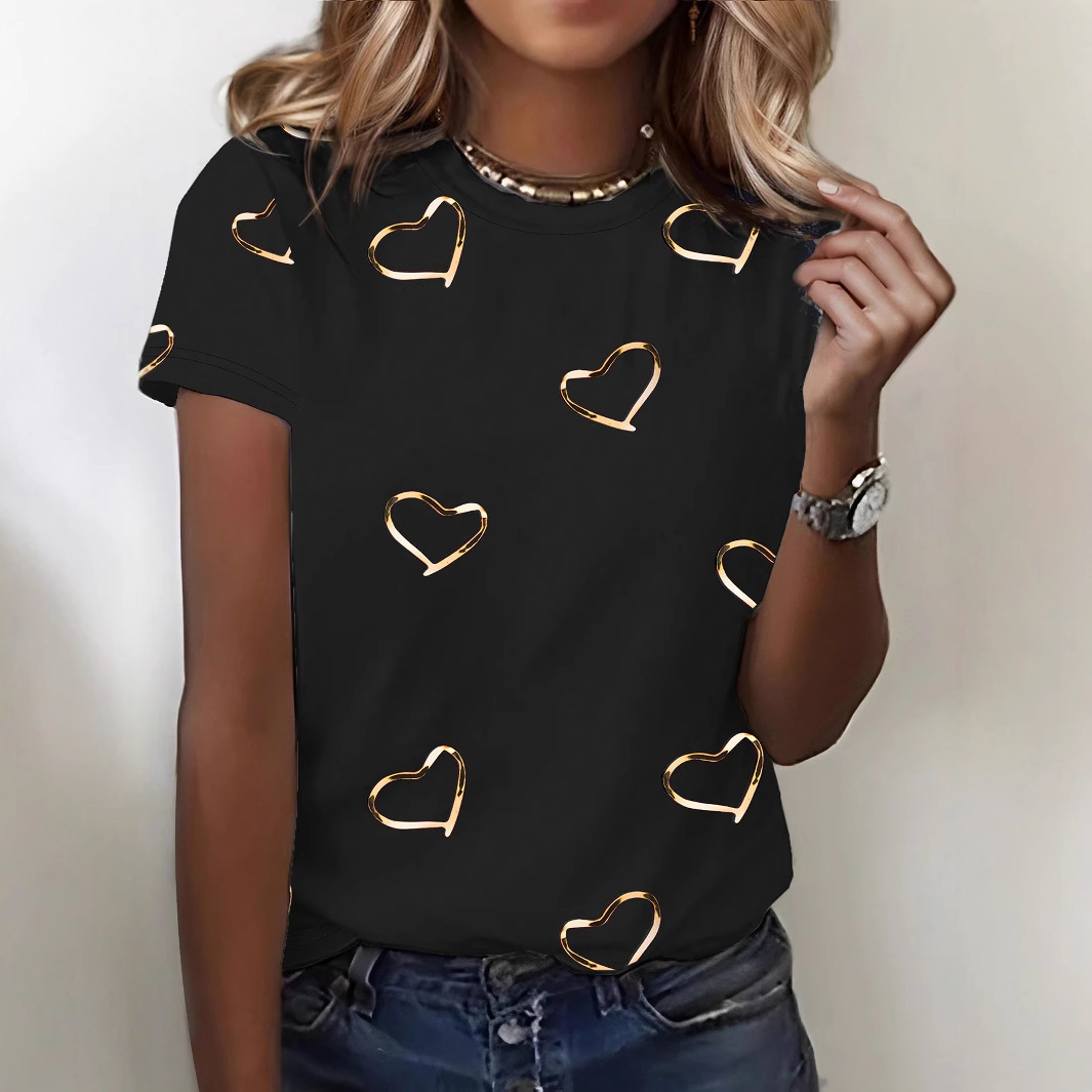 Trendy Simple Elegant Heart-Print Crewneck Short-Sleeve T-Shirt