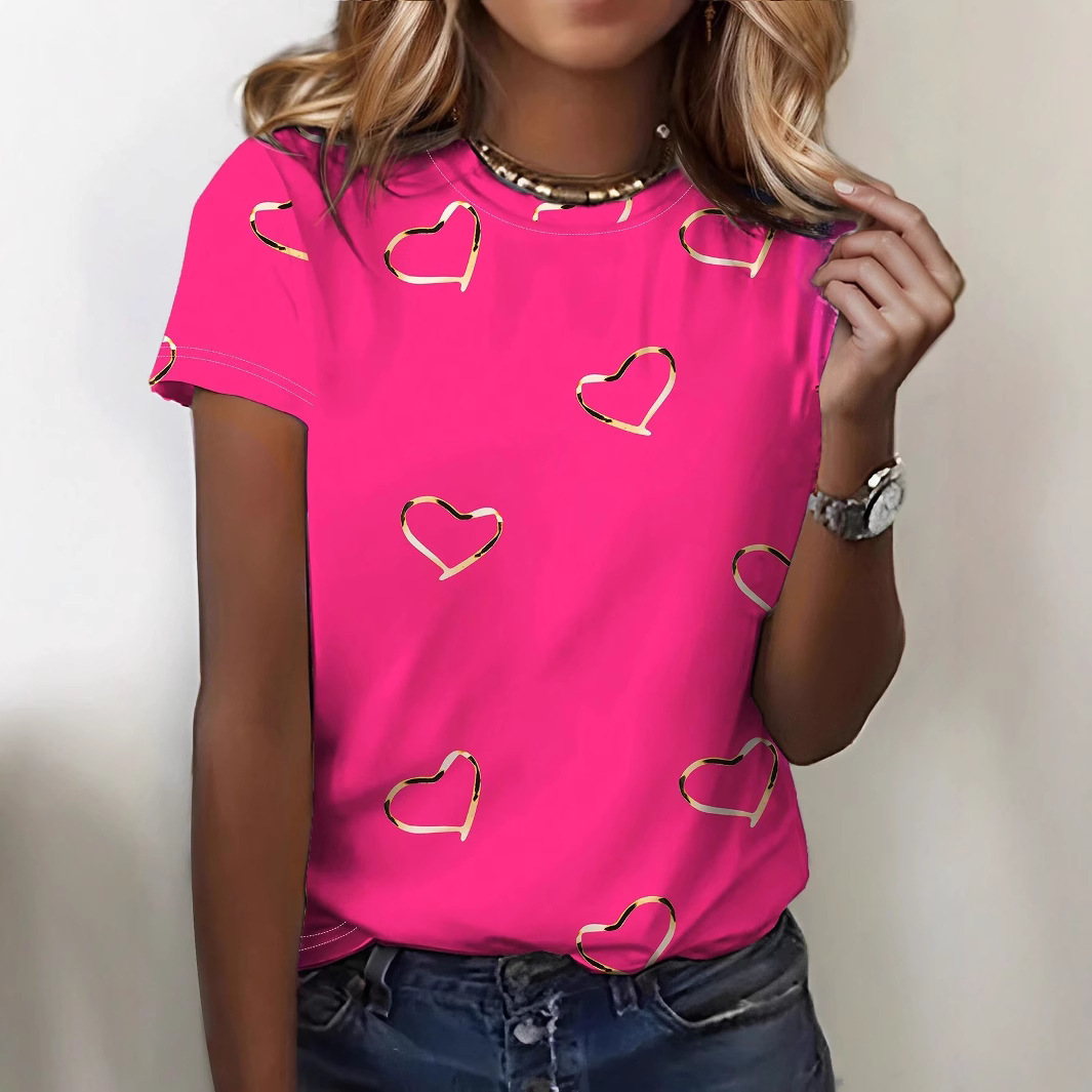 Trendy Simple Elegant Heart-Print Crewneck Short-Sleeve T-Shirt
