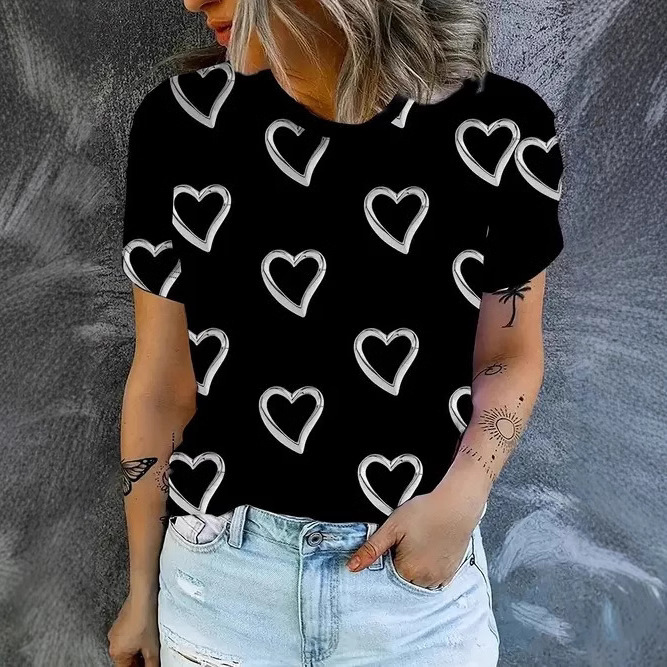 Trendy Simple Elegant Heart-Print Crewneck Short-Sleeve T-Shirt