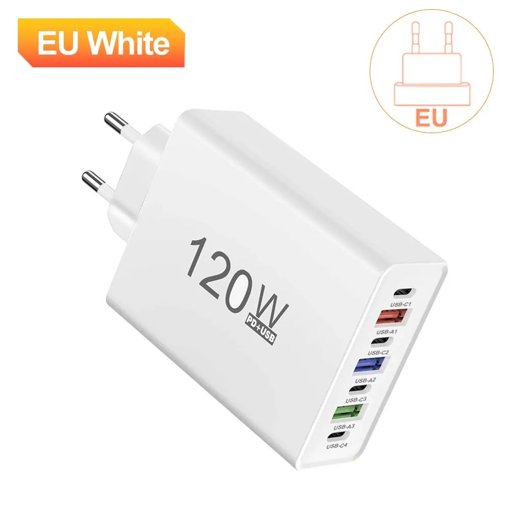 USB-C Charger, 120W Total Power, Multi-port Fast Charging, Type-C Interface, Compatible