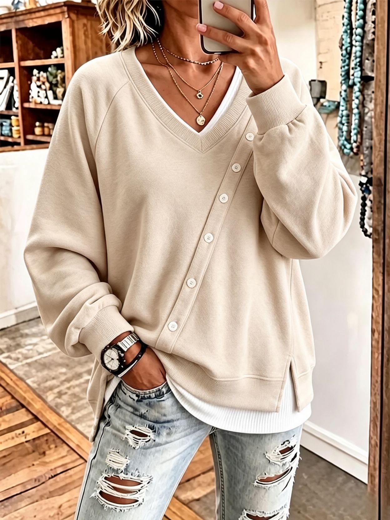 V-Neck Asymmetric-Placket Sweater With Buttons Loose-Fit, Versatile Effortless Style Top