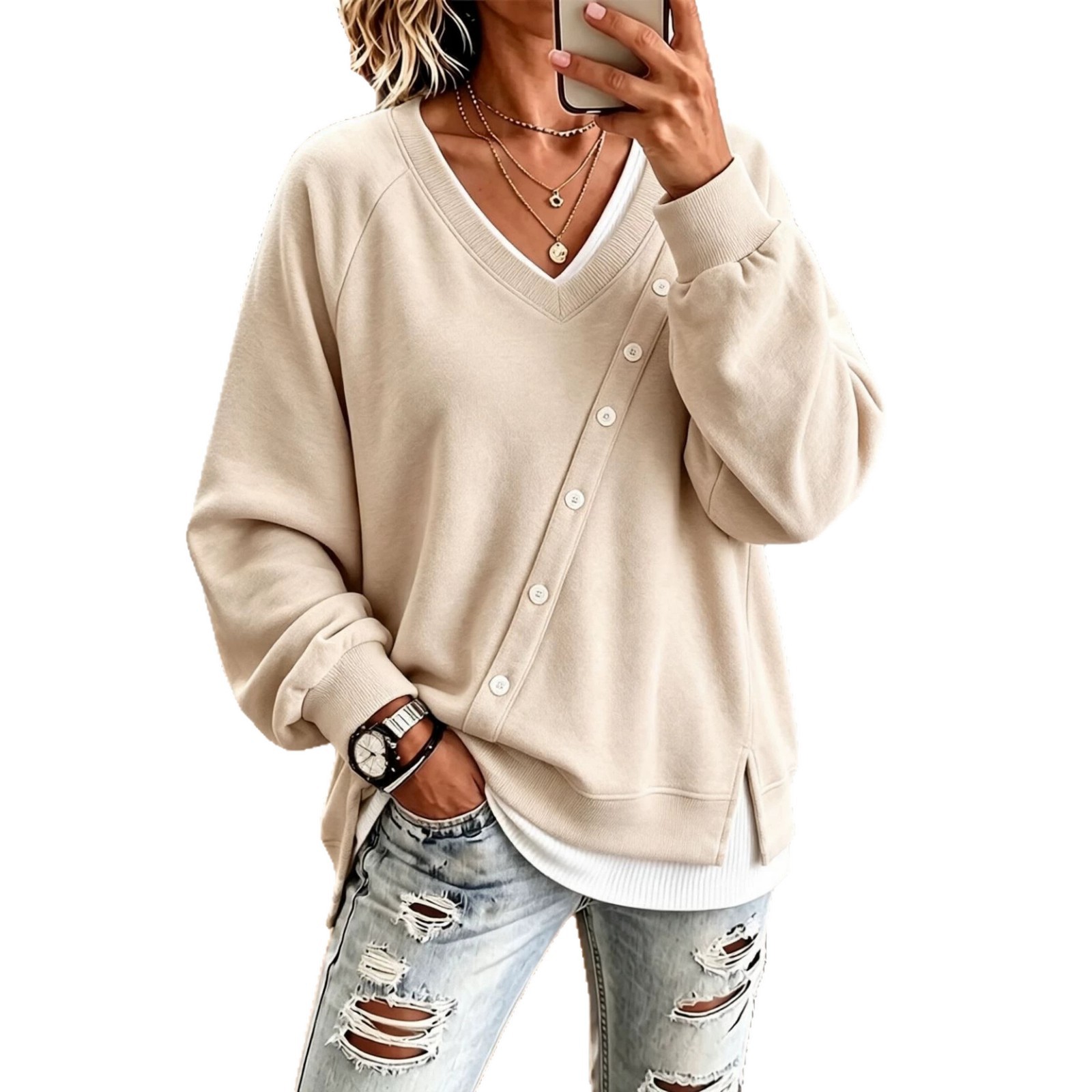 V-Neck Asymmetric-Placket Sweater With Buttons Loose-Fit, Versatile Effortless Style Top