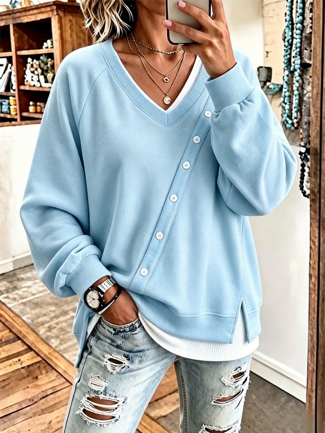 V-Neck Asymmetric-Placket Sweater With Buttons Loose-Fit, Versatile Effortless Style Top
