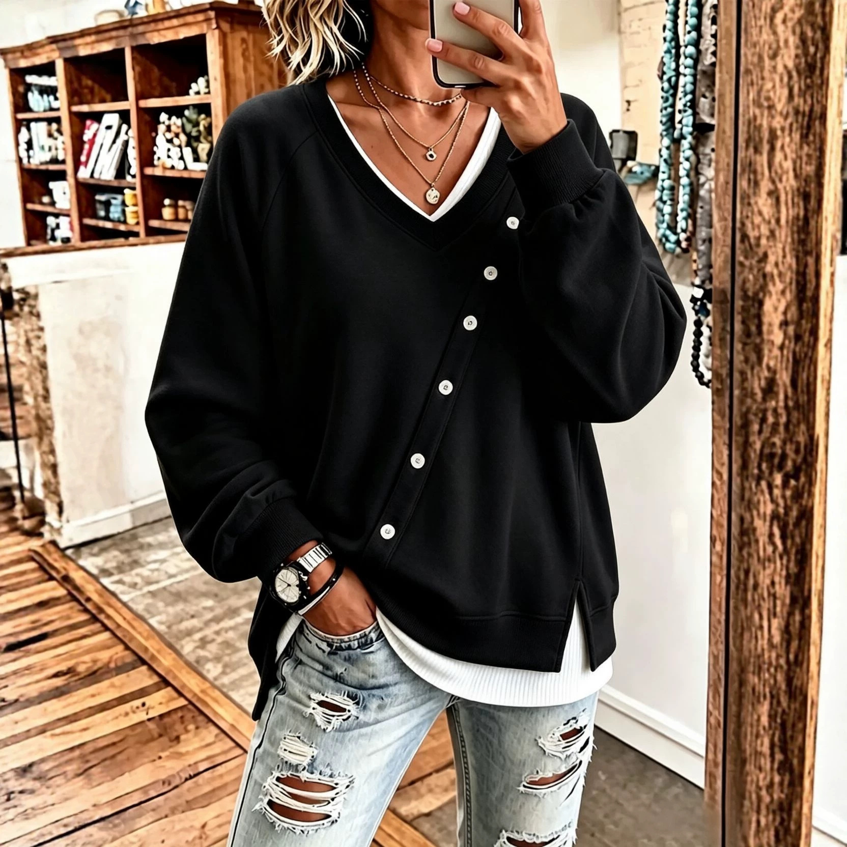 V-Neck Asymmetric-Placket Sweater With Buttons Loose-Fit, Versatile Effortless Style Top