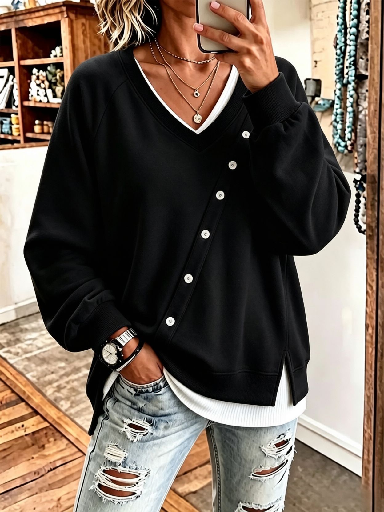 V-Neck Asymmetric-Placket Sweater With Buttons Loose-Fit, Versatile Effortless Style Top