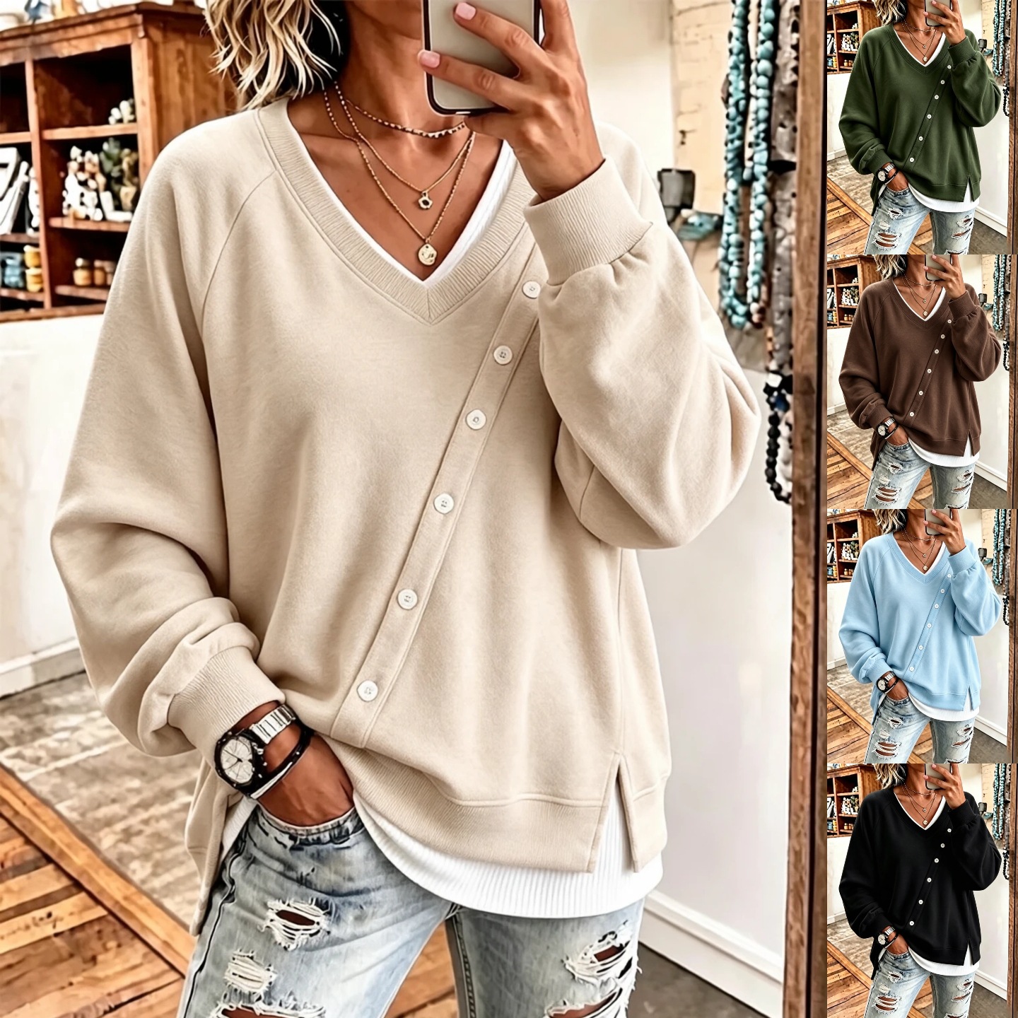 V-Neck Asymmetric-Placket Sweater With Buttons Loose-Fit, Versatile Effortless Style Top