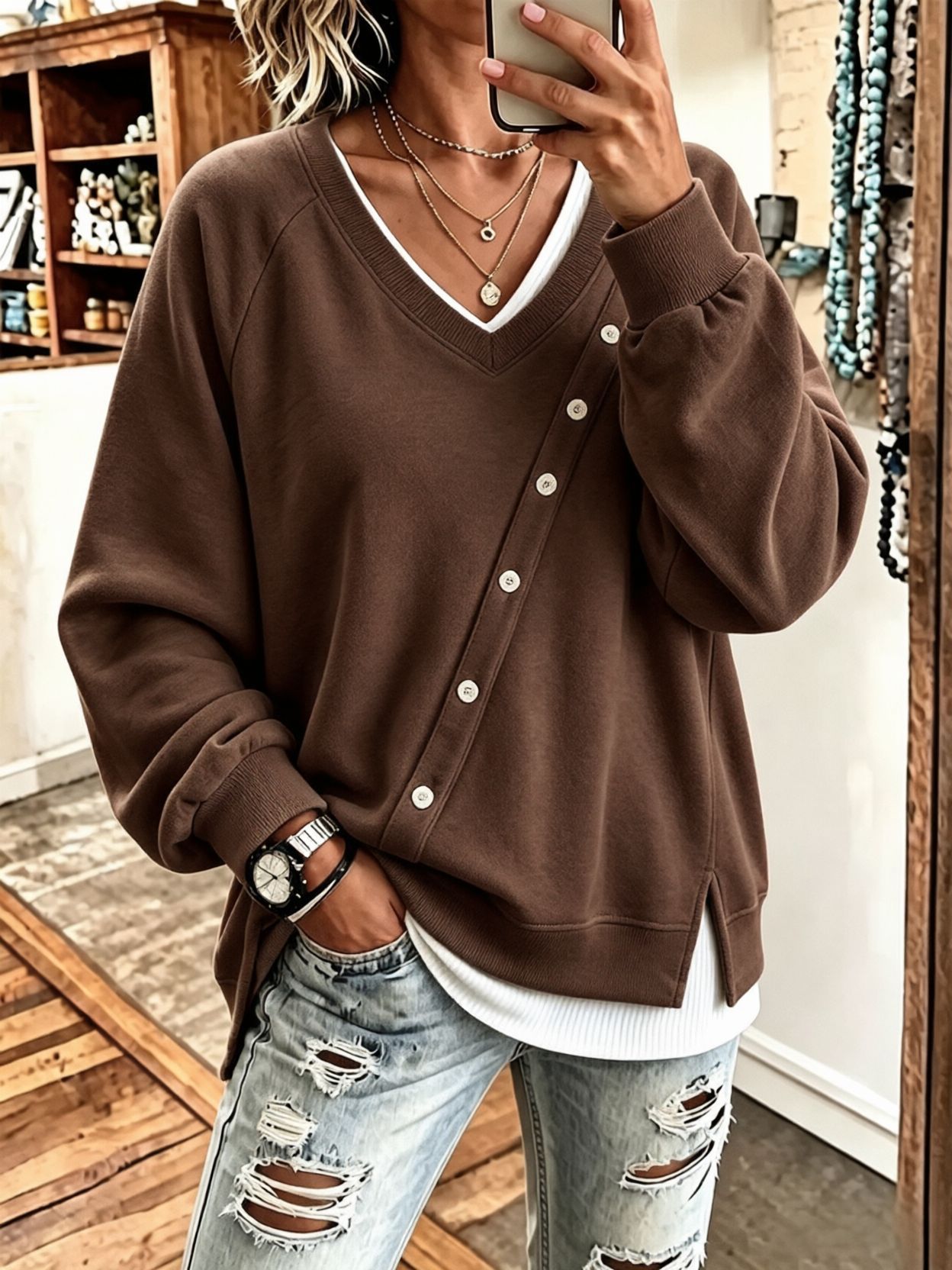 V-Neck Asymmetric-Placket Sweater With Buttons Loose-Fit, Versatile Effortless Style Top
