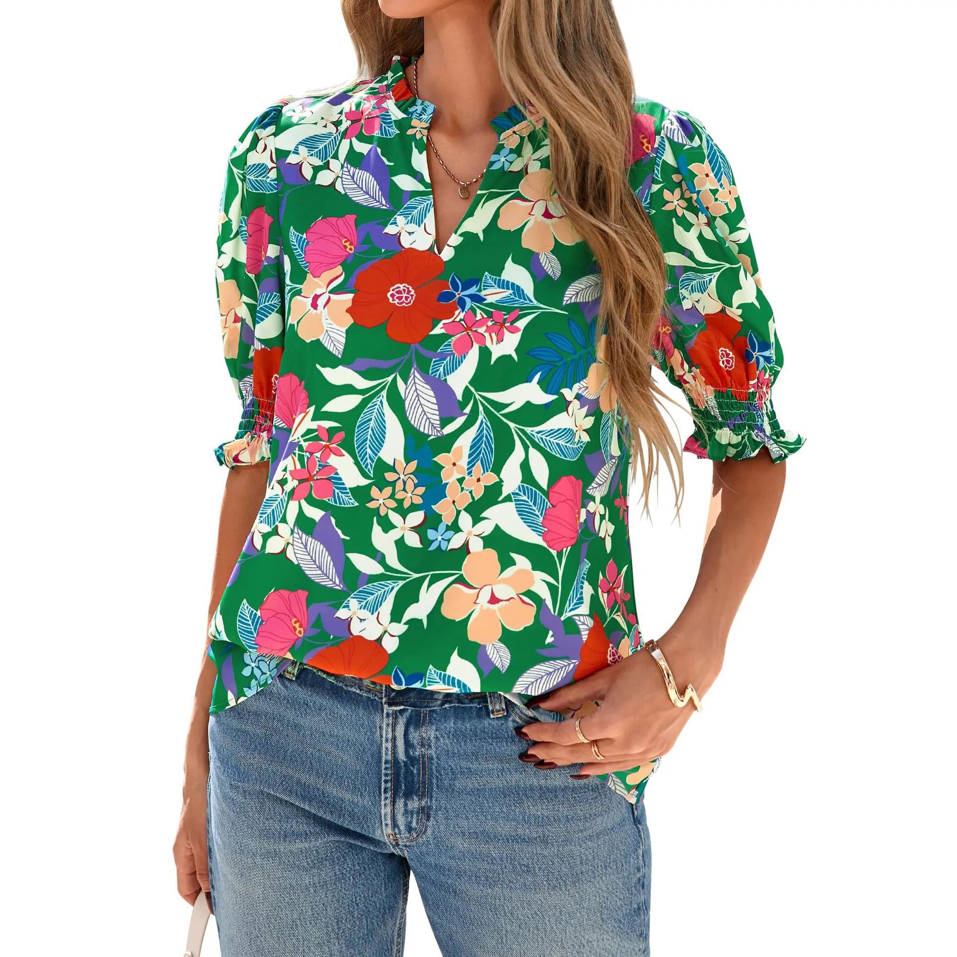 V-neck Casual Floral Print Puff-sleeve Short-sleeved Womens Blouse