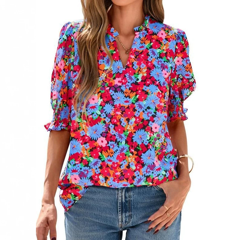 V-neck Casual Floral Print Puff-sleeve Short-sleeved Womens Blouse