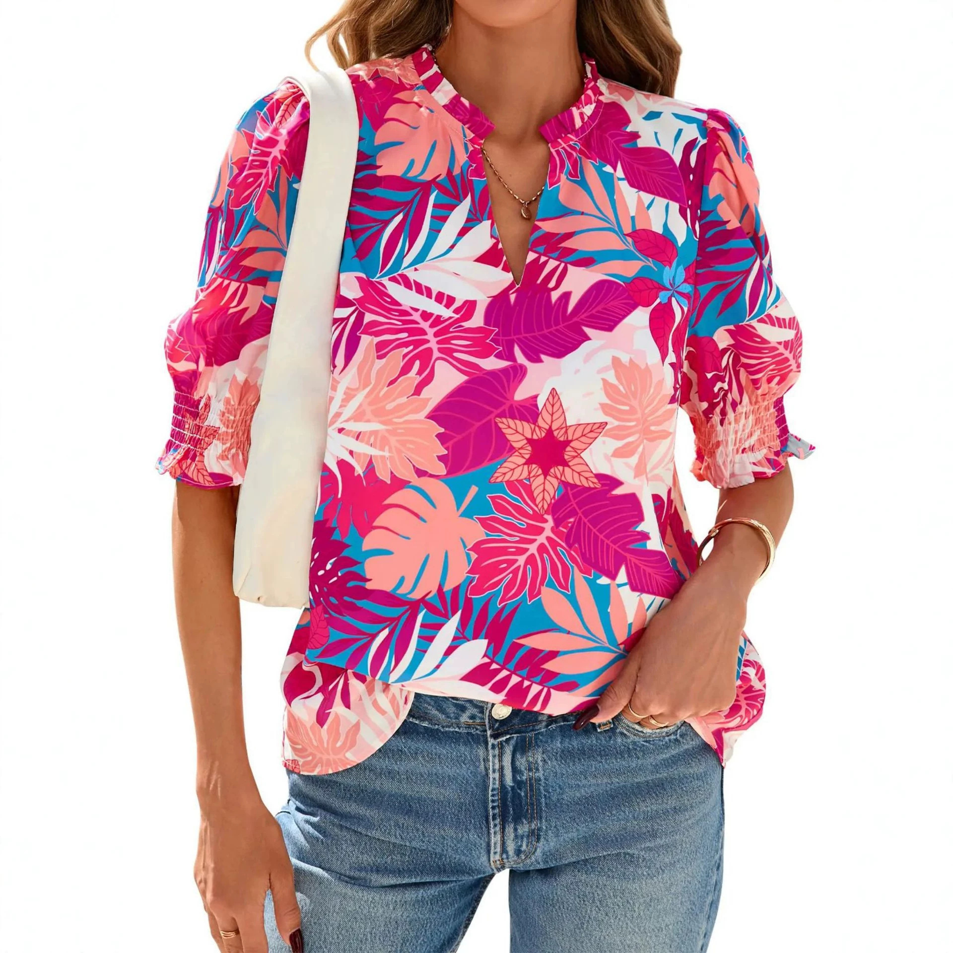 V-neck Casual Floral Print Puff-sleeve Short-sleeved Womens Blouse
