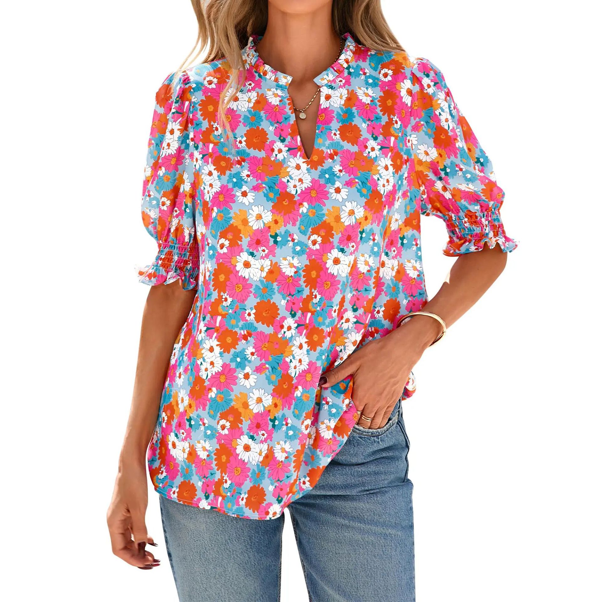 V-neck Casual Floral Print Puff-sleeve Short-sleeved Womens Blouse