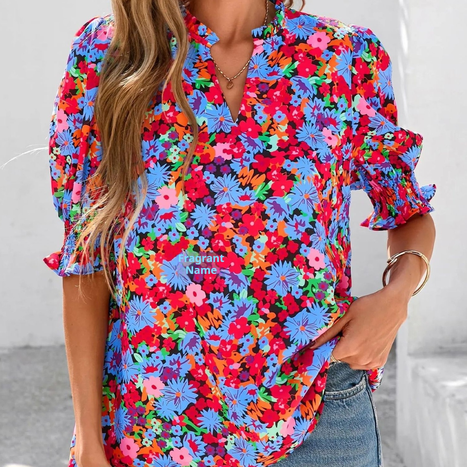 V-neck Casual Floral Print Puff-sleeve Short-sleeved Womens Blouse