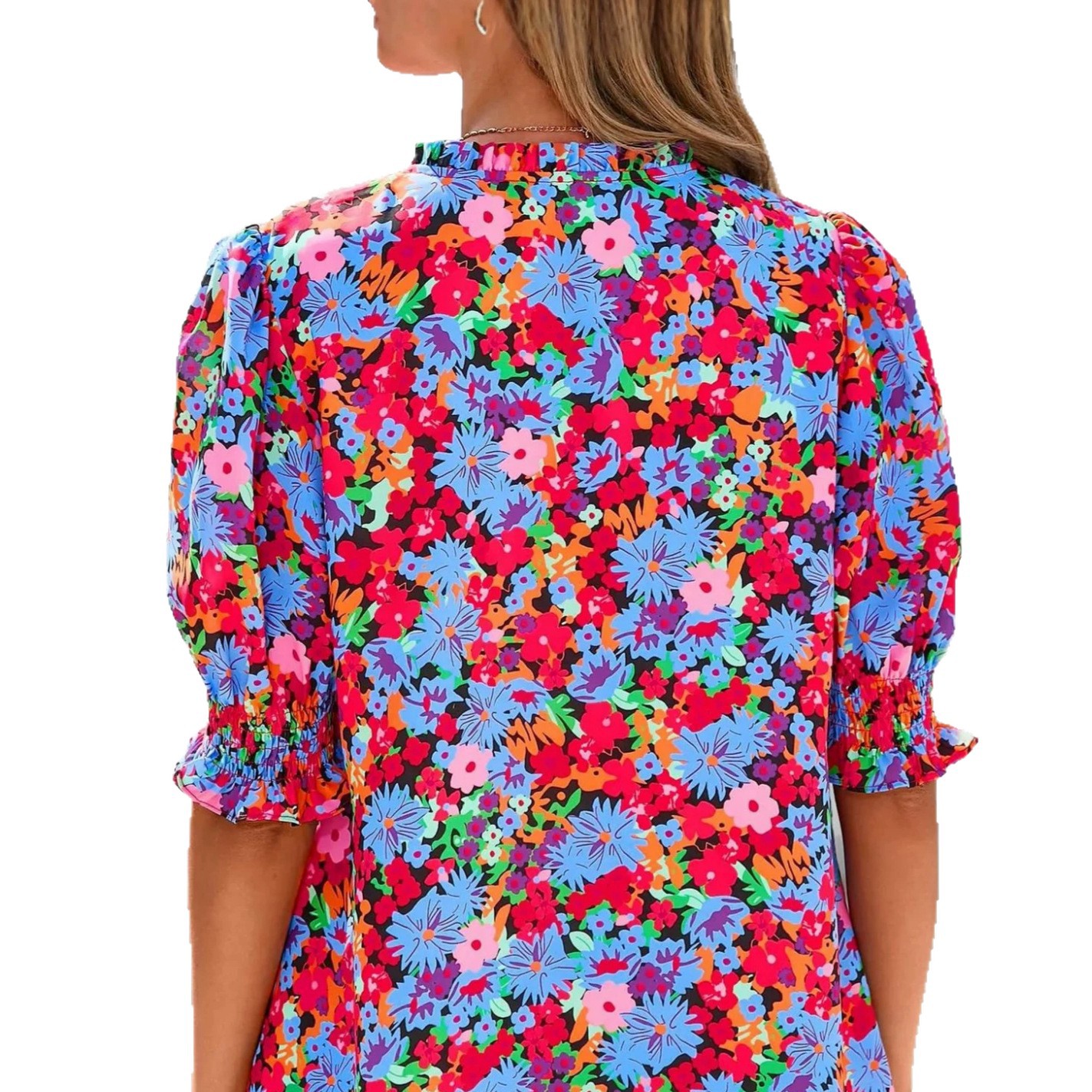 V-neck Casual Floral Print Puff-sleeve Short-sleeved Womens Blouse