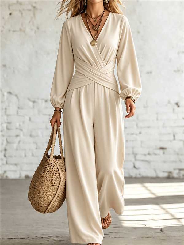 V Neck Cross Wrap Lantern Long Sleeve Jumpsuit, Elegant High Waist Wide Leg Loose Romper