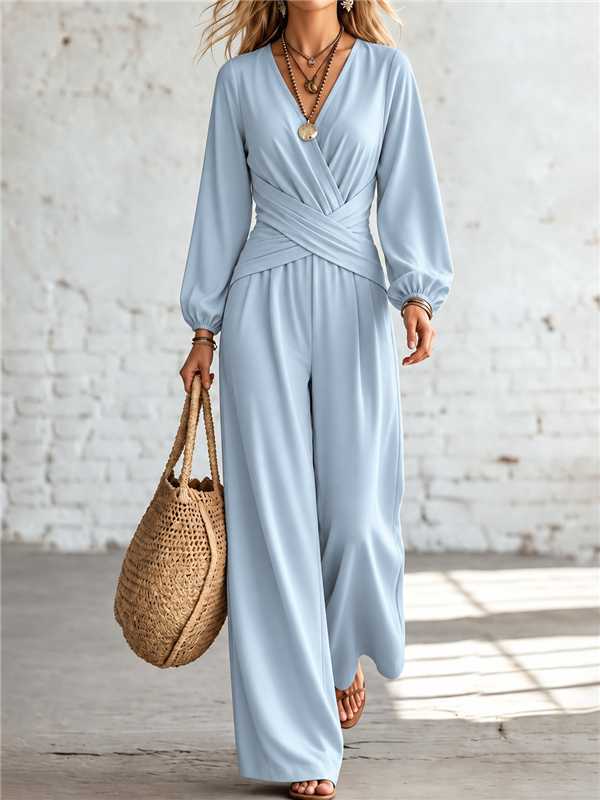 V Neck Cross Wrap Lantern Long Sleeve Jumpsuit, Elegant High Waist Wide Leg Loose Romper