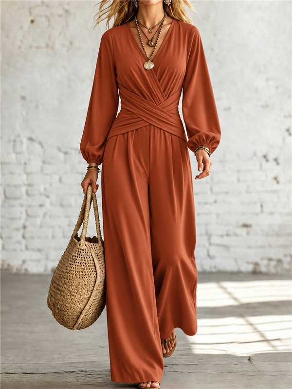 V Neck Cross Wrap Lantern Long Sleeve Jumpsuit, Elegant High Waist Wide Leg Loose Romper